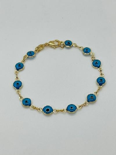 14K GOLD PLATED 7.5" BRACELET WITH 6 MM ROUND AQUA BLUE EVIL EYES LINKED SB15