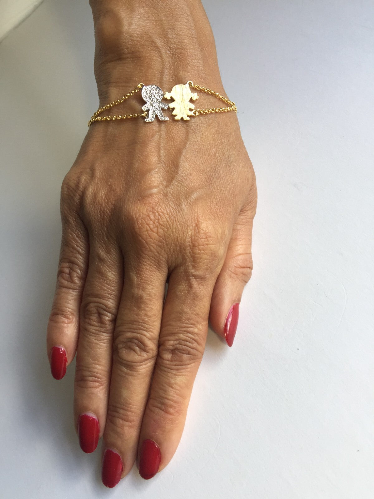 14K GOLD PLATED 7.5" ROLO CHAIN BRACELET WITH BOY AND GIRL CHARM J207