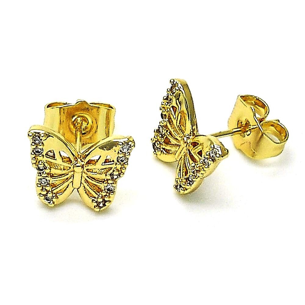 14K GOLD PLATED STUD EARRING BUTTERFLY DESIGN WITH WHITE MICRO PAVE CZ M611