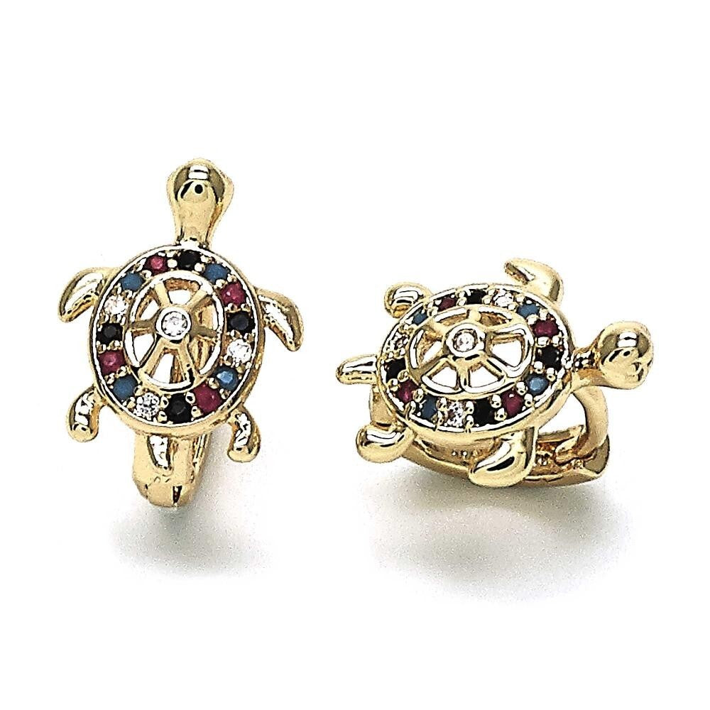 14K GOLD PLATED SMALL HUGGIE HOOP WITH TURTLE AND MULTI COLOR MICRO PAVE CZ M629