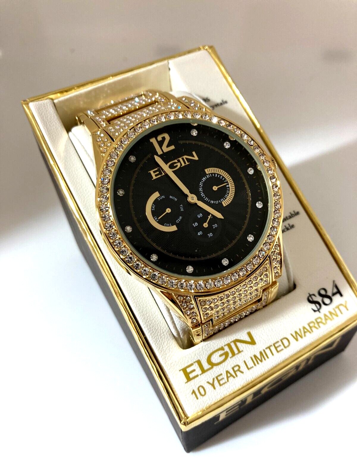 Elgin Adult Men's Analog Watch with Black Dial Pave Dial and Crystals FG16003G
