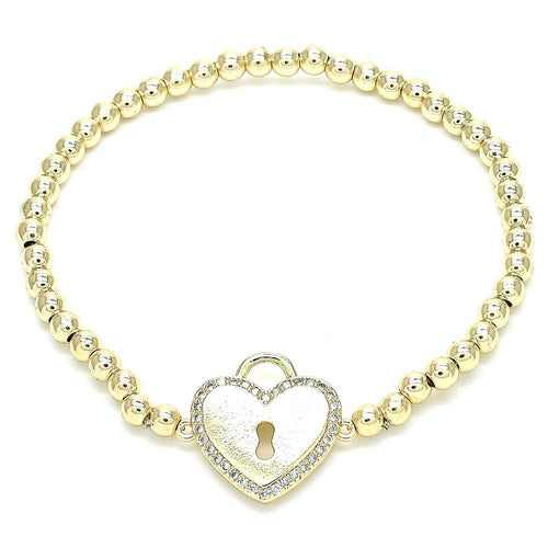 14K GOLD PLATED 4MM BALL STRETCH BRACELET HEART DESIGN WITH WHITE CZ M181