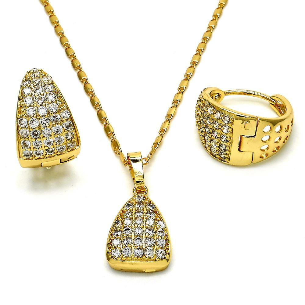 14K GOLD PLATED HUGGIE EARRING & PENDANT SET TEARDROP / WHITE CZ & 20" CHAIN M4