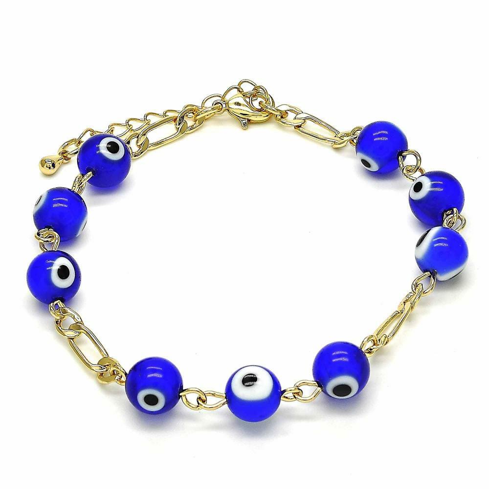 14K GOLD PLATED ADJUSTABLE BRACELET WITH 9/ EVIL EYES W/ FIGARO LINK CHAIN M226