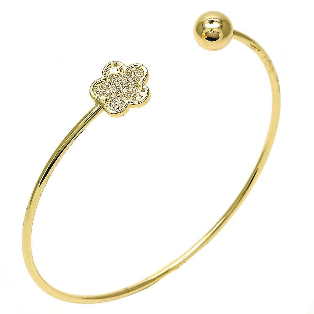 14K GOLD PLATED BANGLE BRACELET WITH BALL AND WHITE MICRO PAVE CZ FLOWER M141