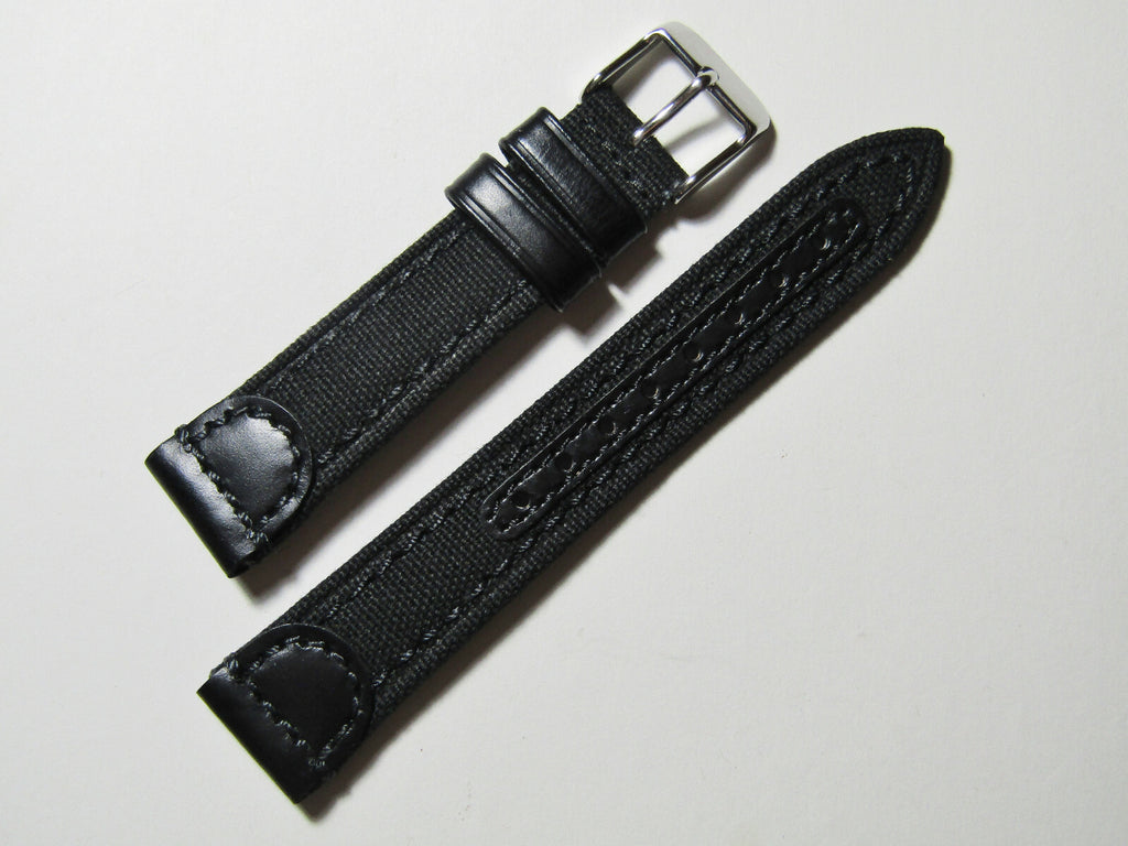 18mm Hadley-Roma MS868 Mens Black Canvas and Leather Watch Band Strap