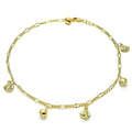 14K GOLD PLATED 11 INCH ANKLET 2.5 MM FIGARO LINK W/ 5 FISH & BALL DANGLES M424