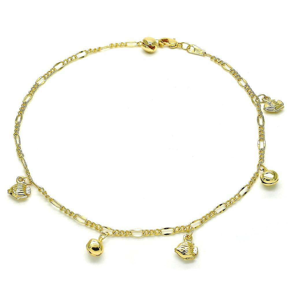 14K GOLD PLATED 11 INCH ANKLET 2.5 MM FIGARO LINK W/ 5 FISH & BALL DANGLES M424