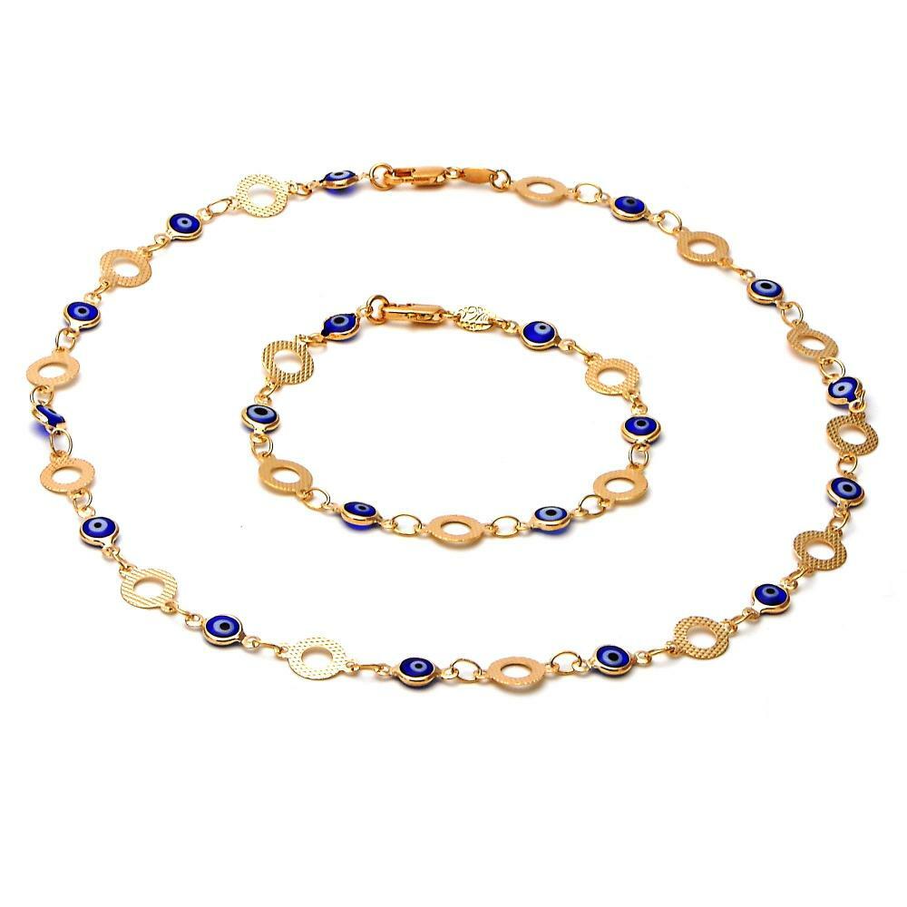 14K GOLD PLATED NECKLACE / BRACELET SET W/ BLUE ENAMEL EVIL EYES M224