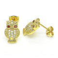 14K GOLD PLATED STUD EARRING OWL DESIGN WITHY WHITE CZ AND GREEN EYES M29