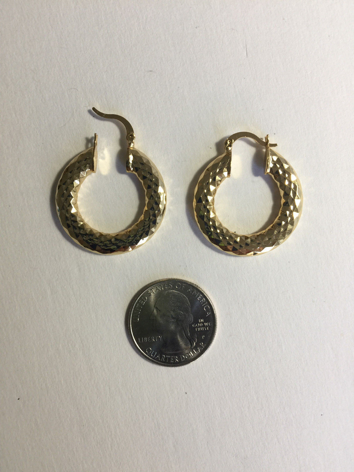 14K GOLD PLATED Faceted Hoop Earrings With Swivel Bar Snap In Closing J159