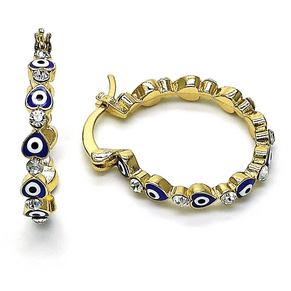 14K GOLD PLATED HOOP EARRING WITH BLUE ENAMEL HEART SHAPE EVIL EYES L M641