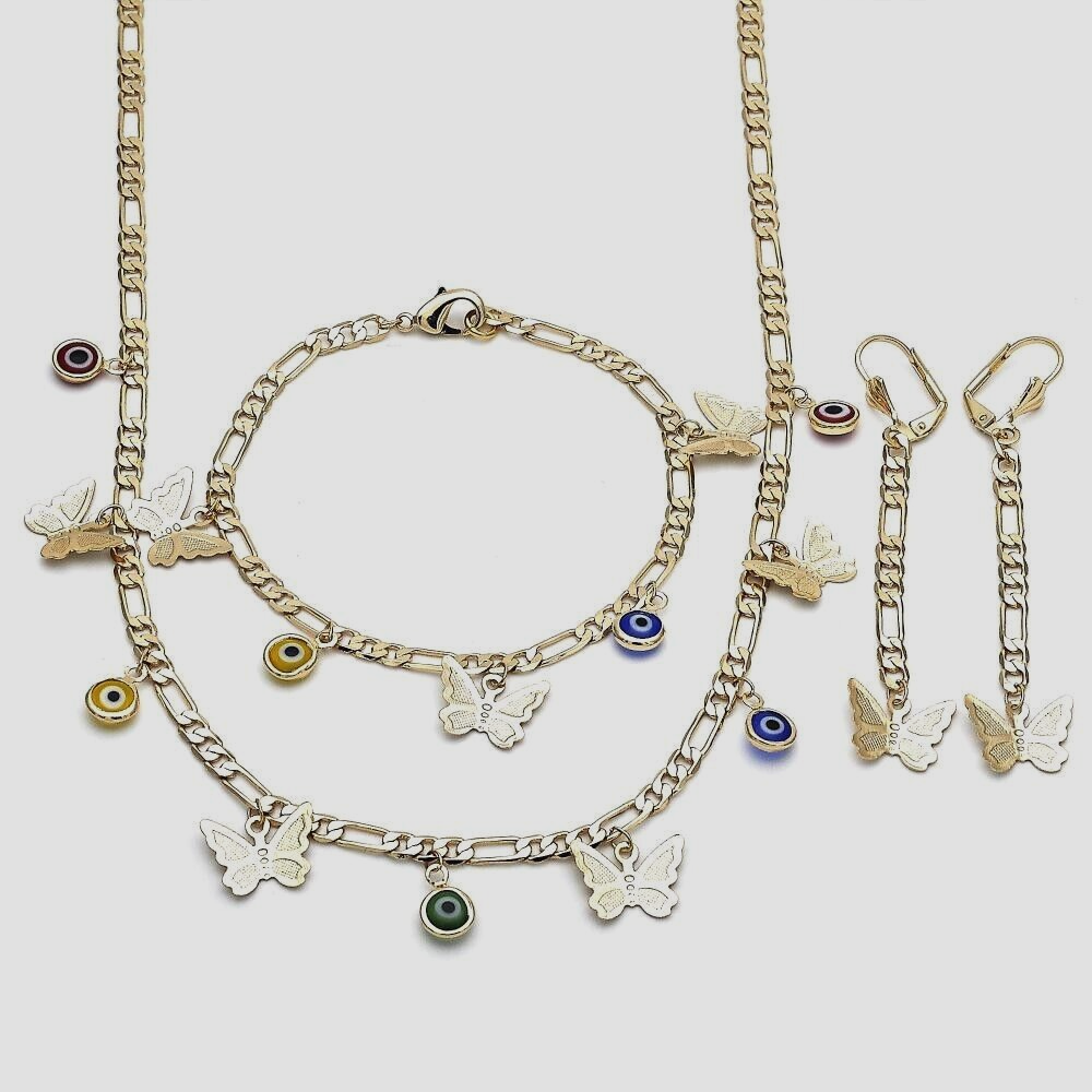 14K GOLD PLATED NECKLACE/BRACELET/EARRING SET W/ EVIL EYES & BUTTERFLIES M691