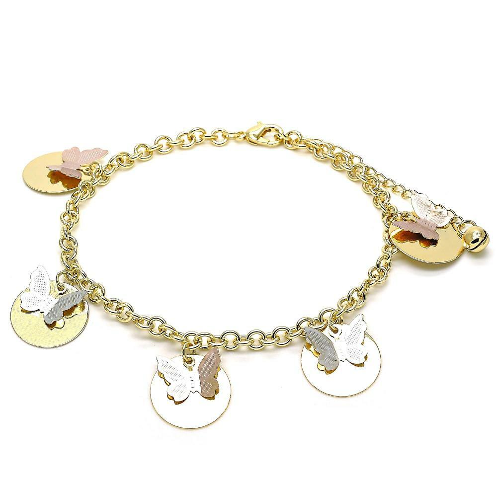 14K GOLD PLATED 10"+1" ANKLET WITH 5 ROUND DISKS & BUTTERFLY DANGLES M235