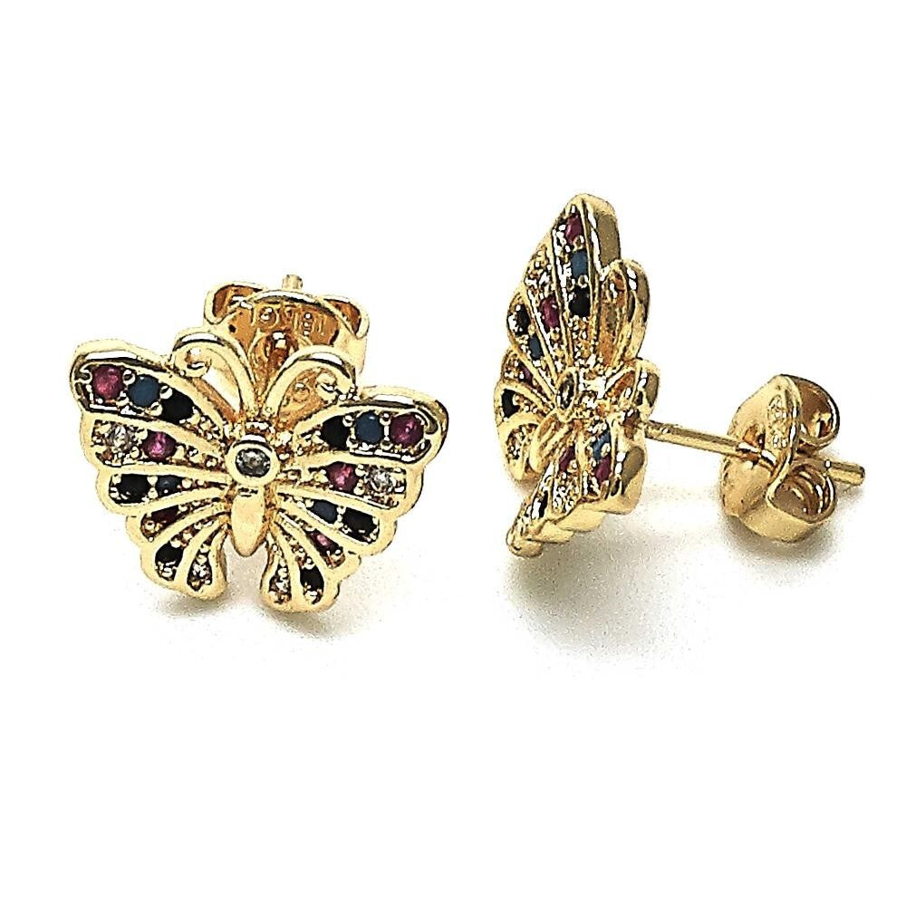 14K GOLD PLATED STUD EARRING BUTTERFLY DESIGN WITH MULTICOLOR MICRO PAVE CZ M614