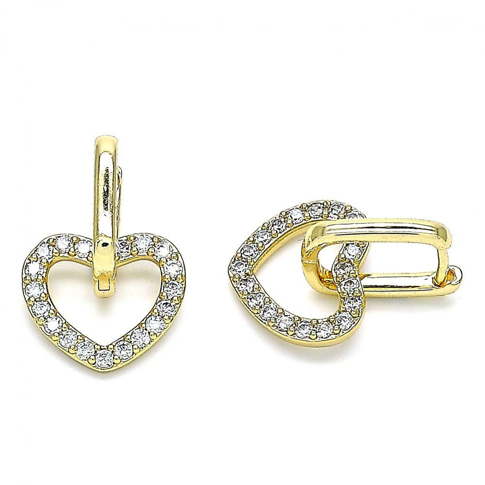 14K GOLD PLATED HUGGIE EARRINGS WITH WHITE MICROPAVE OPEN HEART DANGLES M382