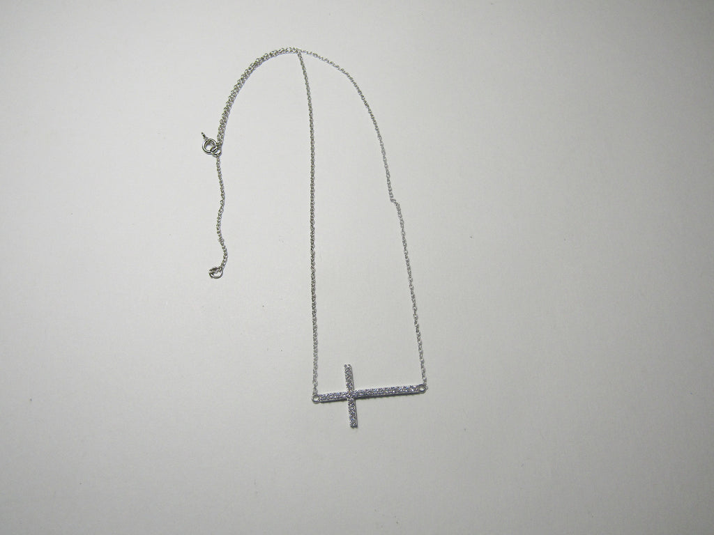 .925 STRERLING SILVER SIDEWAY CROSS WITH CZ 16 INCH CHAIN WITH 2 INCH EXT J 104