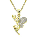 14K GOLD PLATED FAIRY PENDANT W/HEART & WHITE MICROPAVE CZ WINGS & 19"CHAIN M330