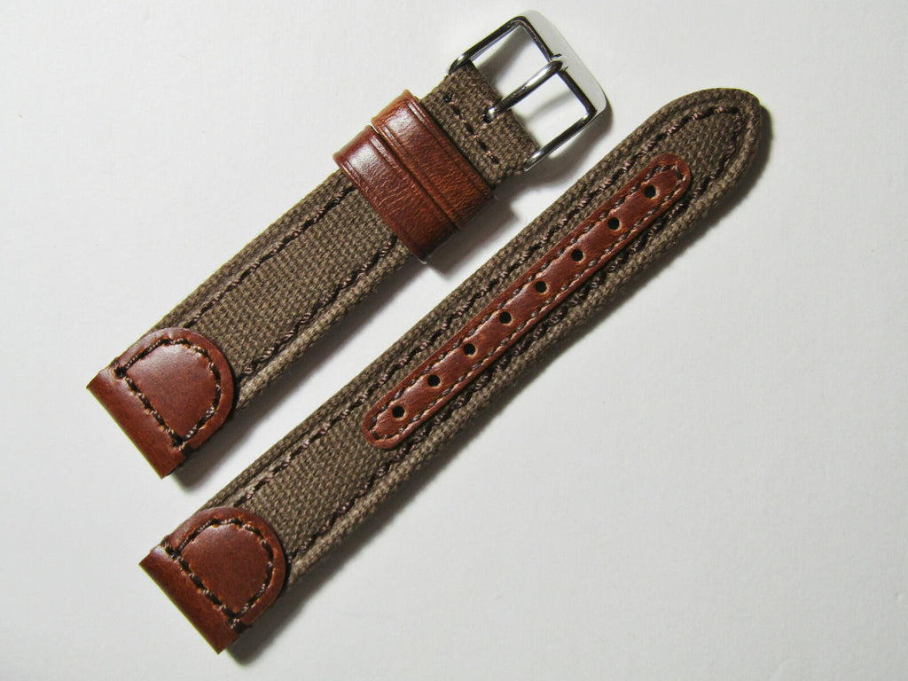 18mm Hadley-Roma MS868 Mens Brown Canvas and Leather Watch Band Strap